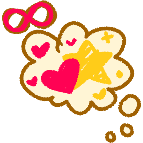 a pale yellow thought bubble with pink hearts and golden stars inside. On top of the bubble is a red infinity sign